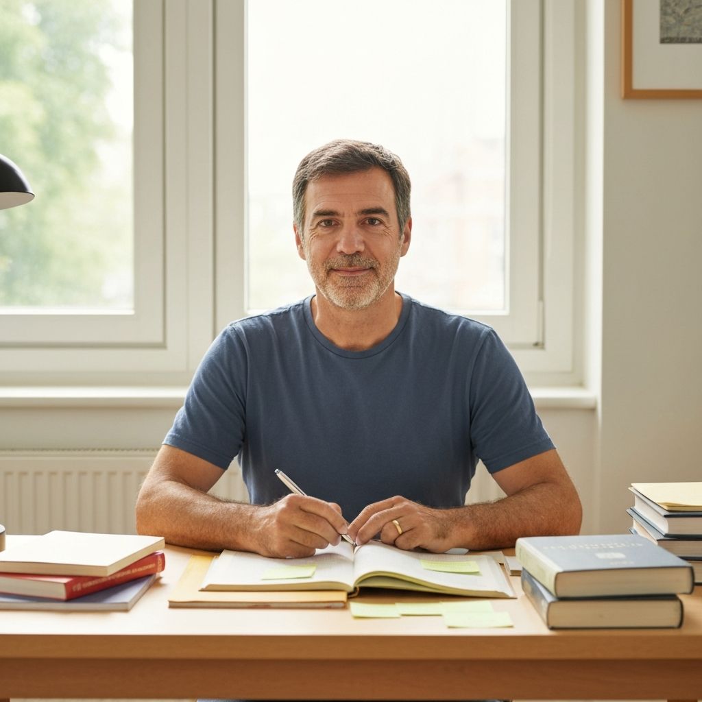 Человек за спокойным рабочим столом с книгами и материалами