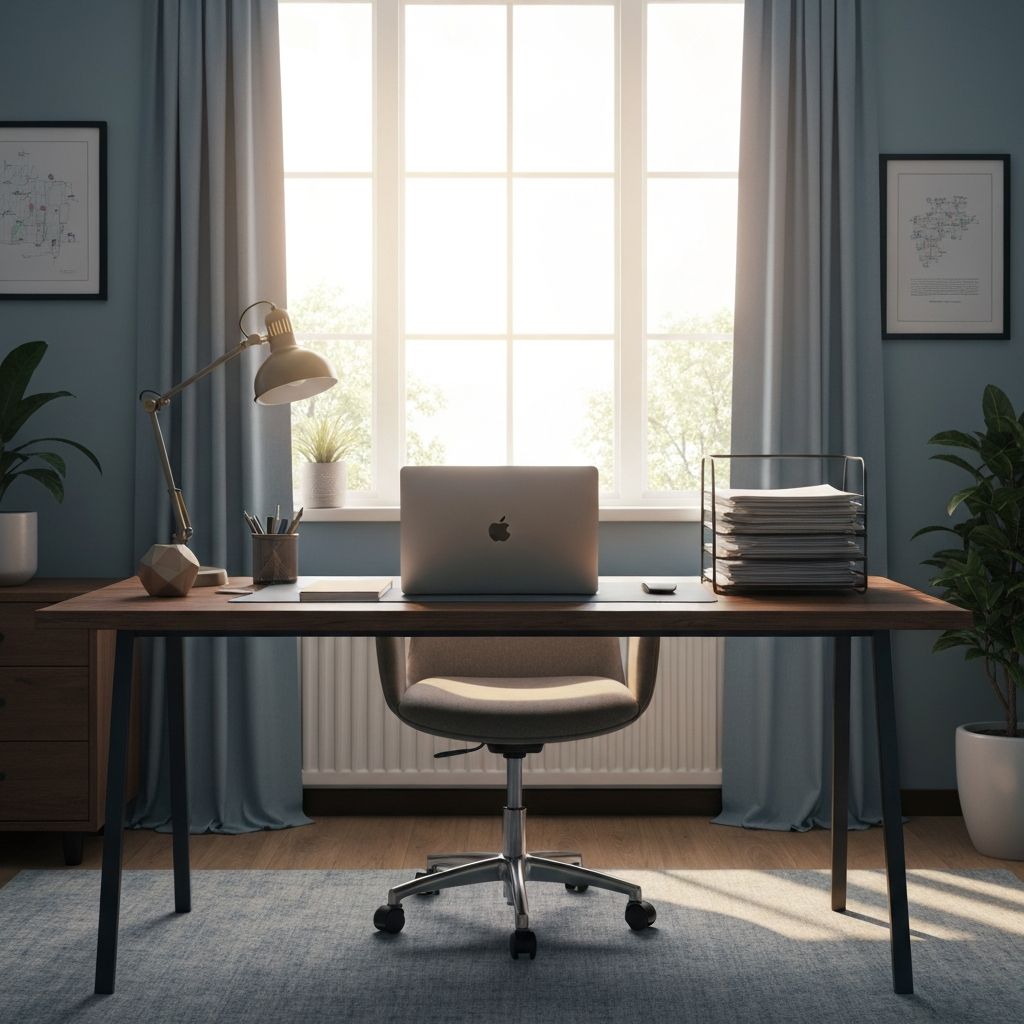 Спокойное домашнее рабочее место с ноутбуком и организованным пространством