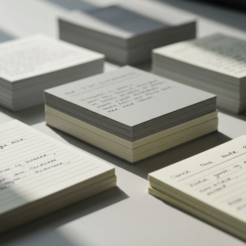 Крупный план организованных карточек и записей на столе