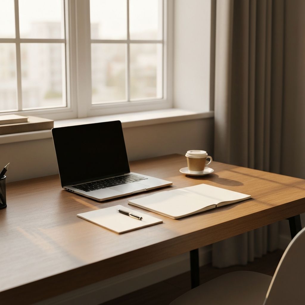Минималистичный рабочий стол с ноутбуком и записями