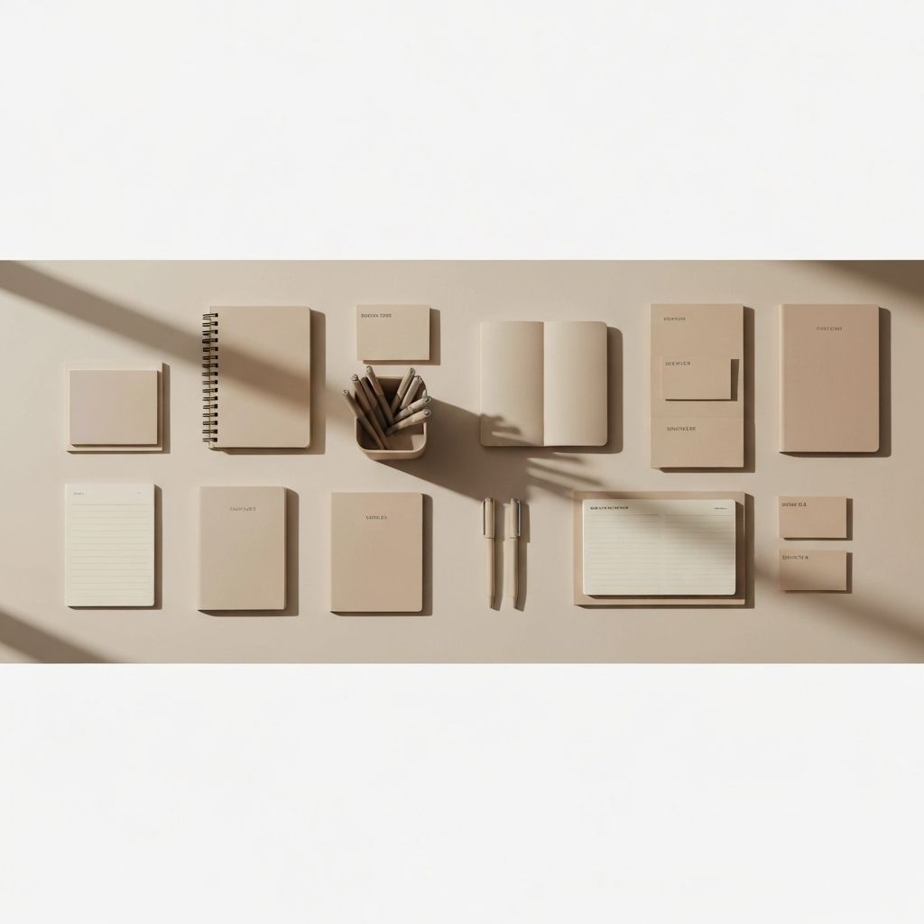 Панорамный вид организованного рабочего стола с блокнотами и ручками