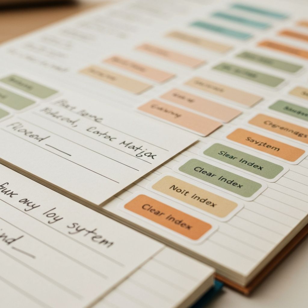 Крупный план записей с видимыми тегами и метками организации