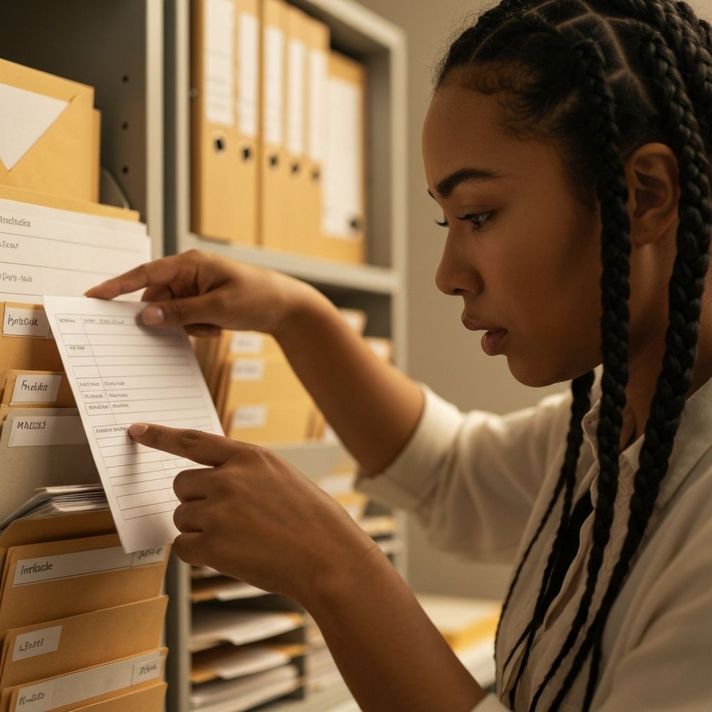 Крупный план человека, ищущего нужный документ среди организованных и помеченных записей