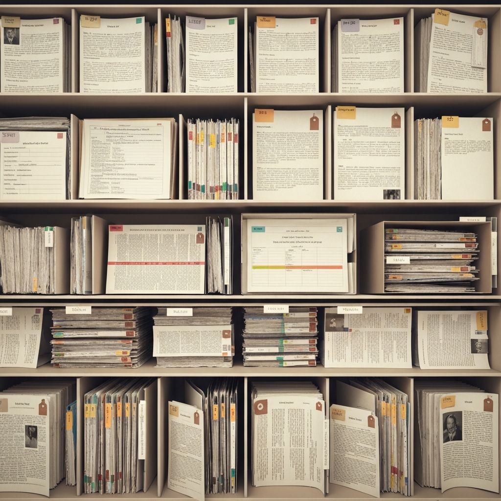 Широкий вид множества бумаг с тегами, метками и системой категоризации
